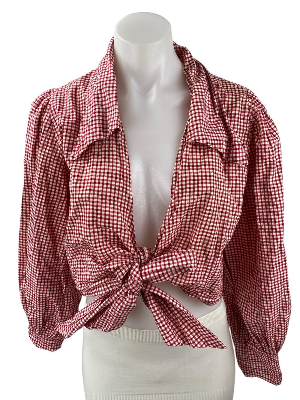 Maison Cleo Red Gingham Collared Long Puff Sleeve Wrap Tie Crop Blouse Top Sz M